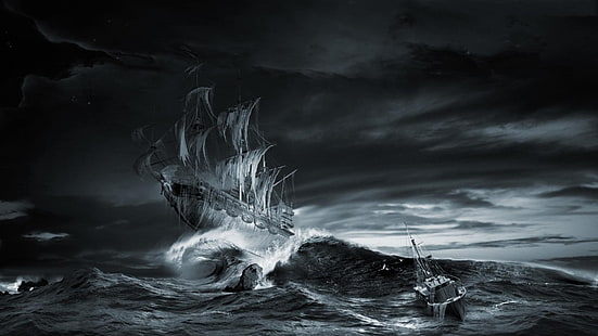 Navio de vela cinza na onda de água sob céu nublado, mar, navio velho, arte de fantasia, navio fantasma, HD papel de parede HD wallpaper