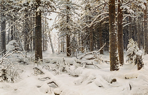 champ de neige, hiver, forêt, neige, arbres, figure, Ivan Shishkin, Fond d'écran HD HD wallpaper