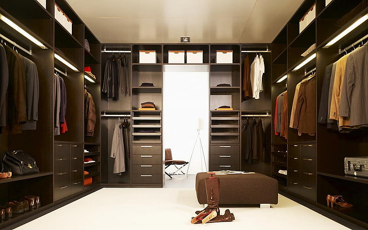 brun, armoire, placard, sombre, design, élégant, intérieur, rangée, armoire, Fond d'écran HD