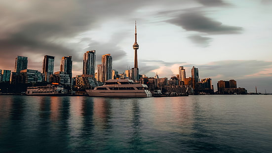  city, Canada, sky, ocean, coast, sunset, water, dusk, Toronto, buildings, yacht, architecture, boat, cityscape, reflections, waterfront, 4k ultra hd background, HD wallpaper HD wallpaper
