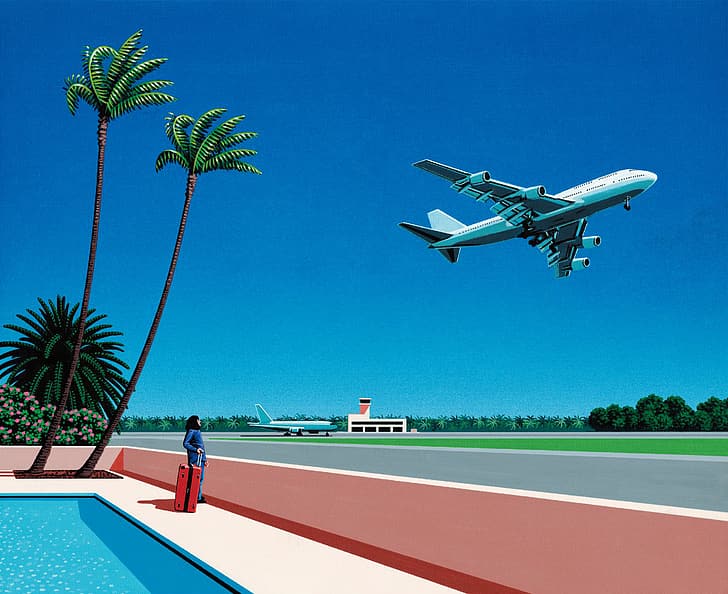 Hiroshi Nagai, Retrowave, живопись, пальмы, самолет, бассейн, HD обои