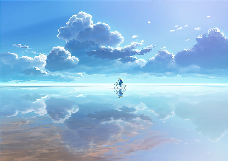 man riding bicycle on mirror surface of sky anime, bicycle, clouds, reflection, HD wallpaper