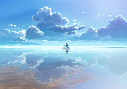 Hombre montando bicicleta en la superficie del espejo del cielo anime, bicicleta, nubes, reflejo, Fondo de pantalla HD HD wallpaper