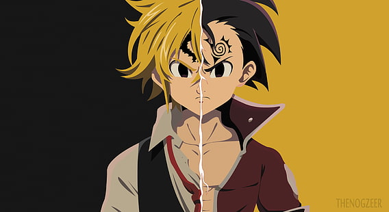 Anime, The Seven Deadly Sins, Angry, Black Eyes, Black Hair, Blonde, Boy, Meliodas (The Seven Deadly Sins), Minimalist, Tattoo, Zeldris (The Seven Deadly Sins), Tapety HD HD wallpaper