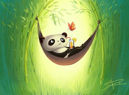 панда в гамаке цифровые обои, пребывание, бабочка, рисунок, бамбук, гамак, панда, напиток, HD обои HD wallpaper