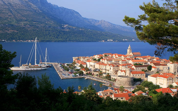 世界を感動させた島コルチュラ島クロアチアアドリア海、 HDデスクトップの壁紙