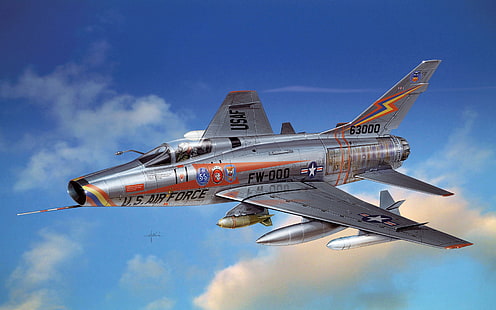 серый и красный истребитель ВВС США, самолет, истребитель, арт, бомбардировщик, серийный, американский, BBC, разведчик, первый, одномоторный, перехватчик, одиночный, мир, США., сверхзвуковой, североамериканский F-100,Супер Сабер, HD обои HD wallpaper