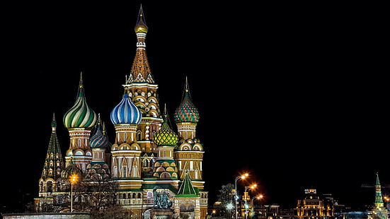 black and brown table lamp, architecture, city, cityscape, night, lights, building, Moscow, Russia, Saint Basil's Cathedral, tower, street light, sculpture, capital, trees, HD wallpaper HD wallpaper