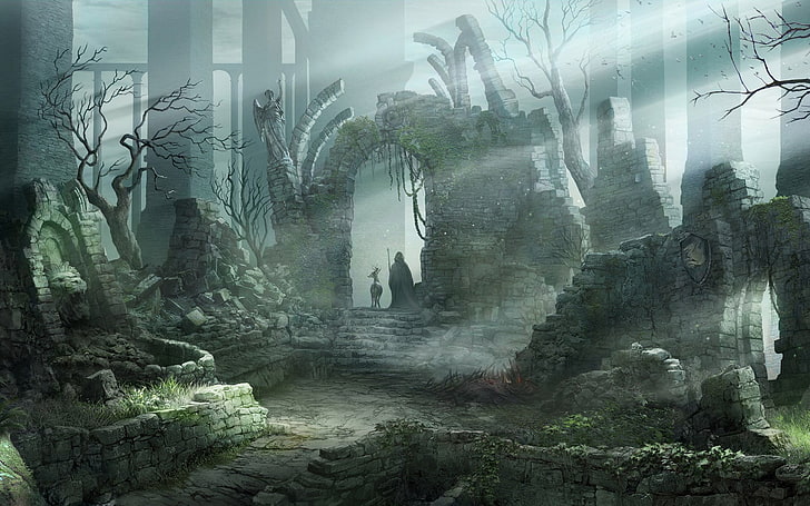 graue Backsteinmauerillustration, Abbildung, Rotwild, die Ruinen, Tempel, HD-Hintergrundbild