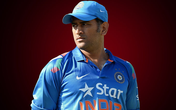 blusa azul masculina, mahendra singh dhoni, críquete, atleta, HD papel de parede