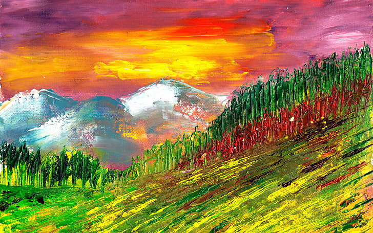red, green, and yellow mountain painting, summer, landscape, nature, style, picture, HD wallpaper