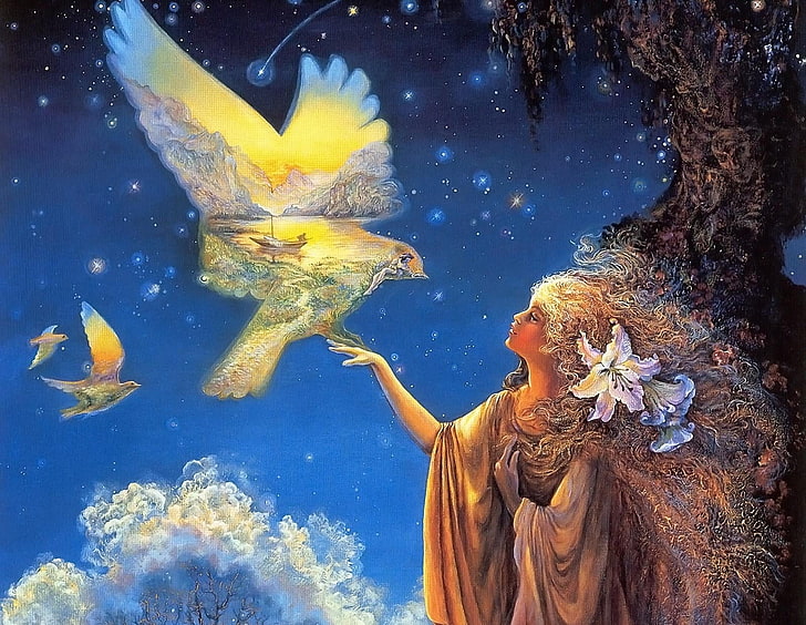 woman and yellow bird painting, girl, hand, poultry, vision, sky, stars, HD wallpaper
