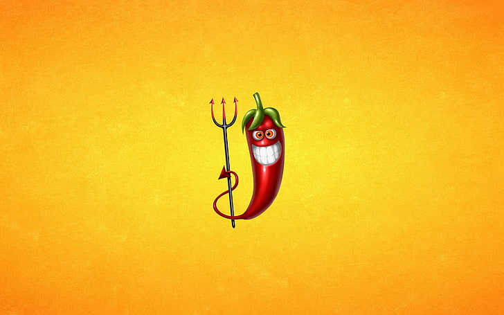 red chili pepper holding trident illustration, minimalism, digital art, simple background, humor, devils, chilli peppers, pitchforks, teeth, yellow background, HD wallpaper