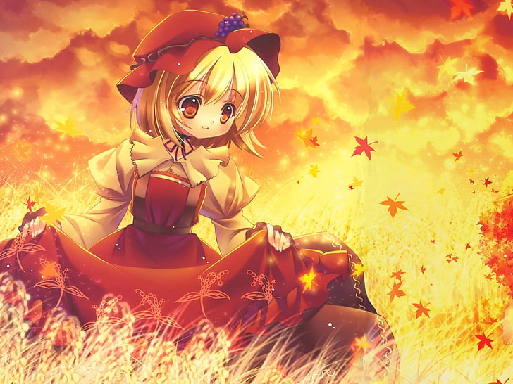 Ilustración de personaje de chica de pelo amarillo, anime, niña, sonrisa, puesta de sol, prado, vestido, Fondo de pantalla HD