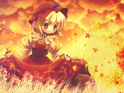 Ilustración de personaje de chica de pelo amarillo, anime, niña, sonrisa, puesta de sol, prado, vestido, Fondo de pantalla HD HD wallpaper