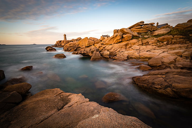 landscape photo of brown rock formation near body of water under cloudy sky, Sunset, Lighthouse, landscape, photo, rock formation, body of water, cloudy, sky, Bretagne, Brittany, Coast, Côtes-d'Armor, Long Exposure, Perros-Guirec, Pink Granite, Sea, Seaside, Trégastel, nature, rock - Object, scenics, water, coastline, outdoors, beauty In Nature, beach, HD wallpaper