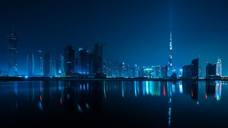 blue, Arabic, Dubai, water, reflection, city, Burj Khalifa, cityscape, Burj Al Arab, night, United Arab Emirates, HD wallpaper