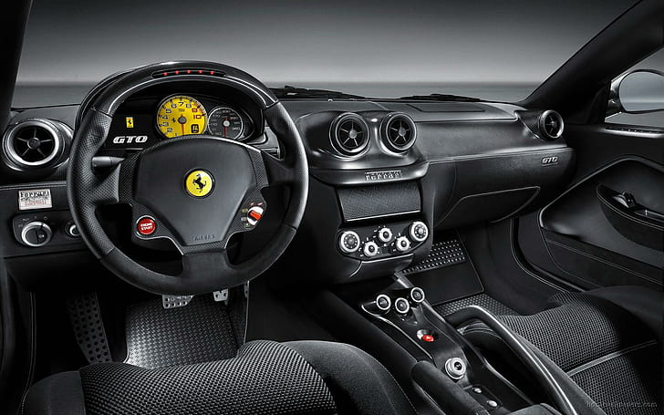 2011 Ferrari 599 GTO Интерьер, черный Ferrari, руль автомобиля, 2011, интерьер, Ferrari, автомобили, HD обои