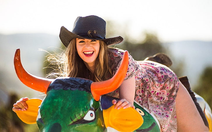 Stella Cox, model, women, sun hats, cowgirl, smiling, face, HD wallpaper
