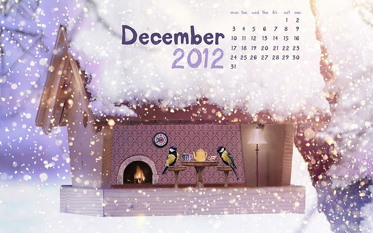 December, december 2012 calendar, snow, house, winter, xmas, 3d and abstract, HD wallpaper