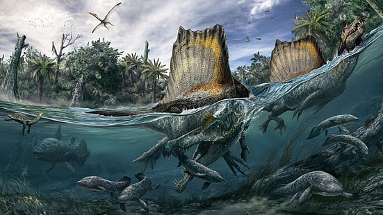 Spinosaurus, lagarto espinoso, período cretáceo, miembro de la familia spinosaurid, Fondo de pantalla HD HD wallpaper