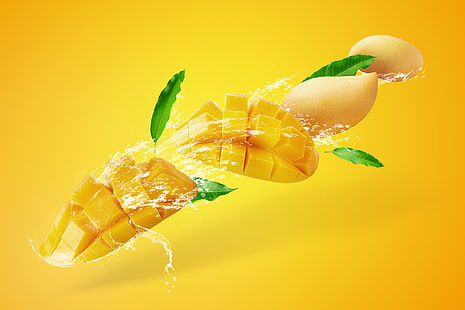  water, squirt, yellow, background, splash, fruit, mango, leaves, HD wallpaper HD wallpaper