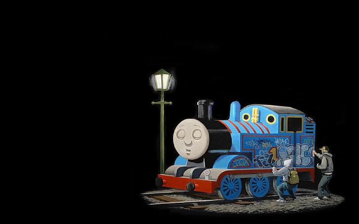 Thomas le réservoir moteur illustration, train, locomotive à vapeur, graffiti, Thomas le réservoir moteur, minimalisme, humour, Fond d'écran HD