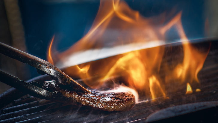 grill, steak, fire, HD wallpaper