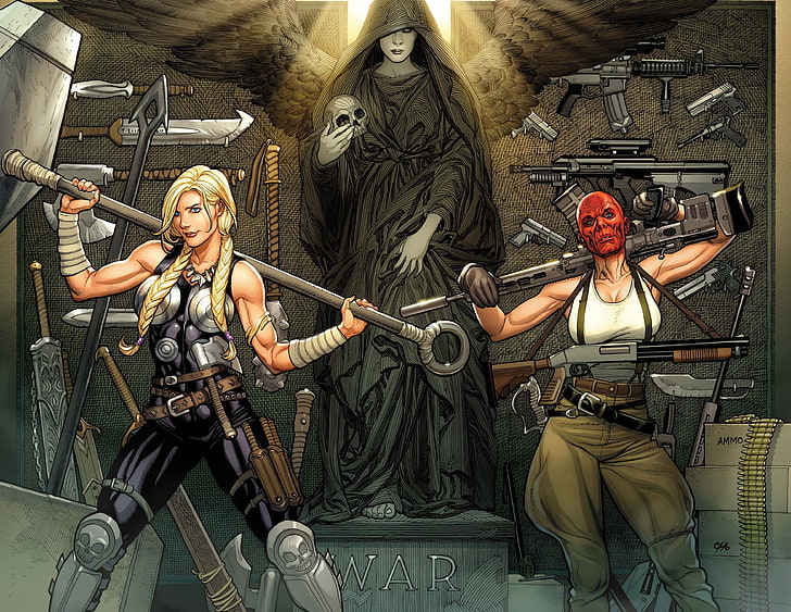 ángel negro entre dos mujeres fondo de pantalla de combate, cómics, Marvel Comics, Frank Cho, genderswap, Fondo de pantalla HD