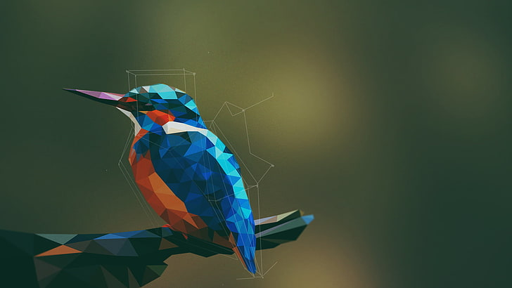 peinture de cubisme oiseau bleu et orange, illustration de colibri, animaux, oiseaux, martin-pêcheur, géométrie, art numérique, œuvres d'art, fond simple, Fond d'écran HD