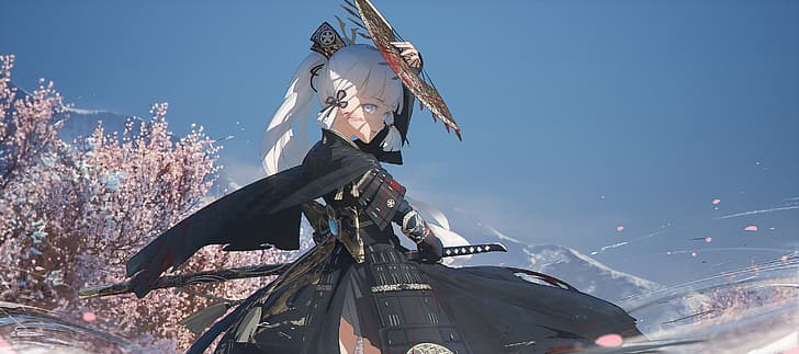 Genshin Impact, Kamisato Ayaka (Genshin Impact), Katana, Kimono, Rüstung, Blut, Sakura (Baum), klarer Himmel, Berge, HD-Hintergrundbild