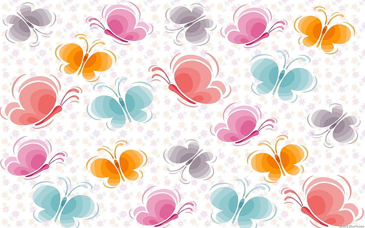 белые и разноцветные бабочки иллюстрация, бабочки, рисунок, узоры, фон, HD обои