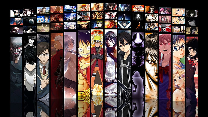 Fond d'écran de personnages de dessins animés, Anime, Crossover, Aang (Avatar), Angel Beats !, Un autre (Anime), Archer (Fate / Stay Night), L'attaque du titan, L'avis de la mort, Fate / Stay Night, La Tête de la mort, Kazuto Kirigaya, Ken Kaneki, Kirito (Art de l'épée en ligne), Kousei Arima, L (Note de mort), Light Yagami, Mikasa Ackerman, Mirai Nikki, Singe D. Luffy, Naruto, Naruto Uzumaki, Une pièce, Shingeki No Kyojin, Art du sabre en ligne, Tokyo Ghoul,Votre mensonge en avril, Yuno Gasai, Fond d'écran HD