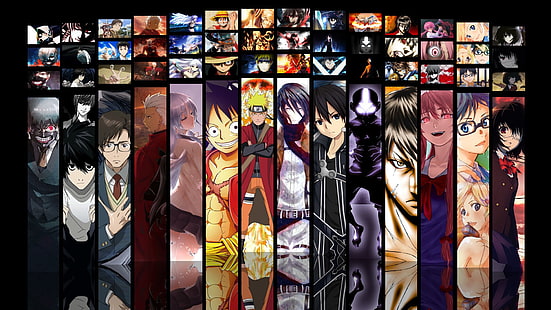 Fond d'écran de personnages de dessins animés, Anime, Crossover, Aang (Avatar), Angel Beats !, Un autre (Anime), Archer (Fate / Stay Night), L'attaque du titan, L'avis de la mort, Fate / Stay Night, La Tête de la mort, Kazuto Kirigaya, Ken Kaneki, Kirito (Art de l'épée en ligne), Kousei Arima, L (Note de mort), Light Yagami, Mikasa Ackerman, Mirai Nikki, Singe D. Luffy, Naruto, Naruto Uzumaki, Une pièce, Shingeki No Kyojin, Art du sabre en ligne, Tokyo Ghoul,Votre mensonge en avril, Yuno Gasai, Fond d'écran HD HD wallpaper