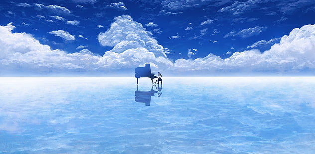 Anime Mädchen, jenseits der Wolken, Klavier, Himmel, Instrument, landschaftlich, Anime, HD-Hintergrundbild HD wallpaper