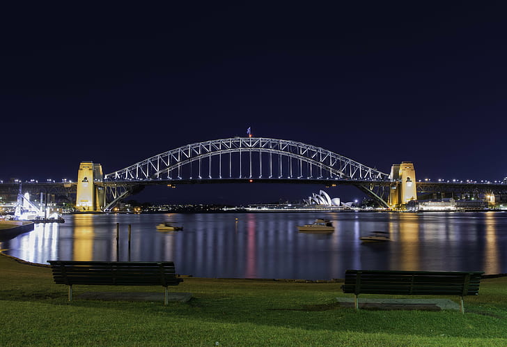 Vista notturna del ponte con le barche che attraversano sotto durante la notte, Sydney Harbour Bridge, Sydney Harbour Bridge, Blue's, Point, Sydney Harbour Bridge, vista notturna, barche, Sydney Australia, oz, cose, Harbour Bridge, porto, shb, turismo, cc,creative commons, paesaggio, paesaggio urbano, paesaggio notturno, nikon d800, 70mm, sigma, f / 2.8, nsw, viaggio vacanza, nord, blues, mcmahons, foto, WOW, notte, fiume, ponte - struttura artificiale, architettura, famoso luogo,Skyline urbano, scena urbana, Sfondo HD