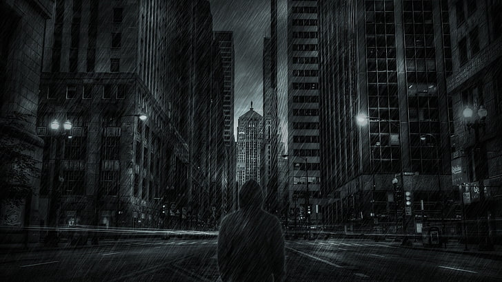 Foto en escala de grises del hombre frente a los rascacielos mientras llueve, paisaje urbano, lluvia, obras de arte, Lemma, metrópoli, Fondo de pantalla HD