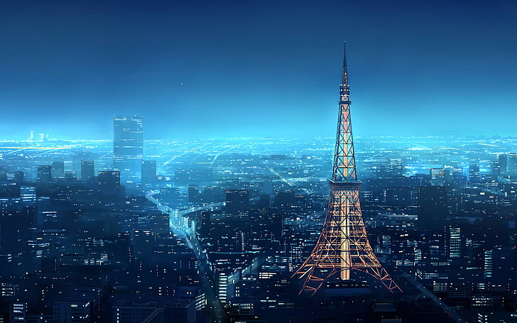 perspektywa szarego wieżowca, zdjęcie wieży Eiffla nocą, anime, krajobraz, Tokyo Tower, Shirosaki Otoha, Japonia, Tapety HD