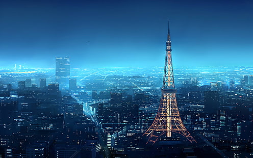Токийская башня, Широсаки Отоха, пейзаж, аниме, Япония, HD обои HD wallpaper