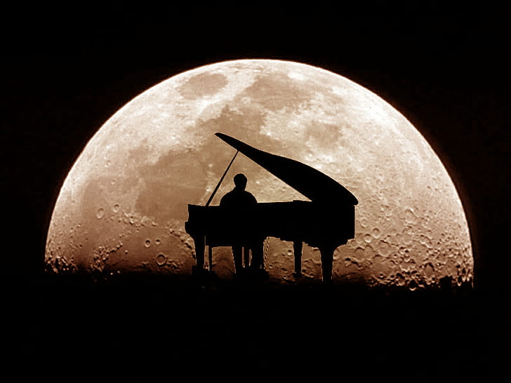 moonlight sonata Abstract Moon Music pianist piano Silhouette HD, silhouette of man playing grand piano with full moon background, abstract, music, moon, silhouette, piano, pianist, HD wallpaper