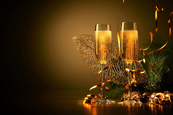 vidro claro taças de champanhe, crepúsculo, ramos, árvore, bebida, ouropel, champanhe, sinos, árvore, HD papel de parede