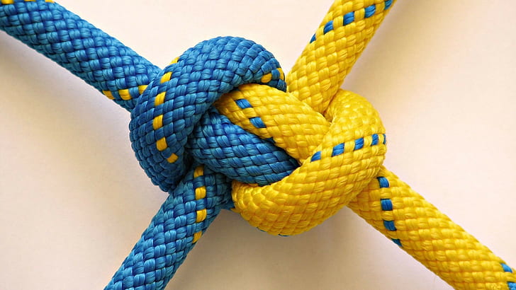 Blau, Gelb, Knoten, Seile, Klettern, einfacher Hintergrund, HD-Hintergrundbild