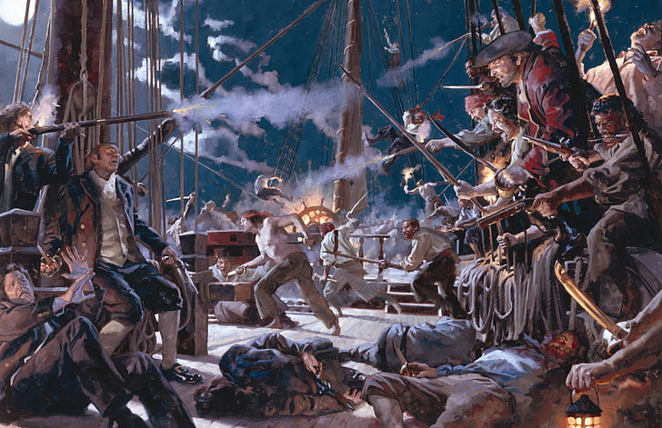 pirates illustration, night, death, smoke, ship, shot, pirates, moon, horror, gun, moonlight, corpses, swords, fight, gunpowder, on Board the ship, HD wallpaper