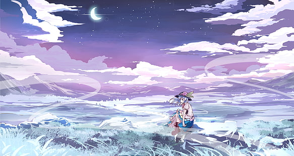 clouds, grass, hat, hinanawi, moon, risutaru, sky, stars, tenshi, touhou, HD wallpaper HD wallpaper