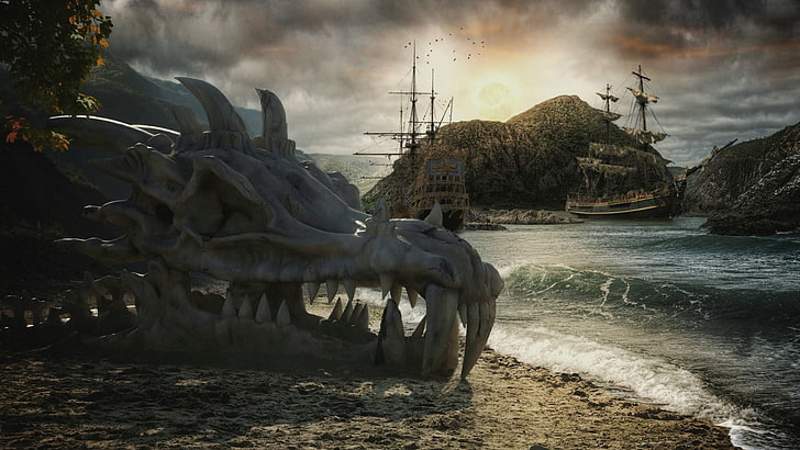 cuerpo de agua, velero, arte de fantasía, calavera, dragón, arte digital, mar, piratas, Fondo de pantalla HD