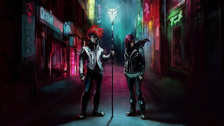 illustrazione di due uomini su strada, Scandroid, Varien, Klayton, corvo, cyberpunk, strada, città, Sfondo HD