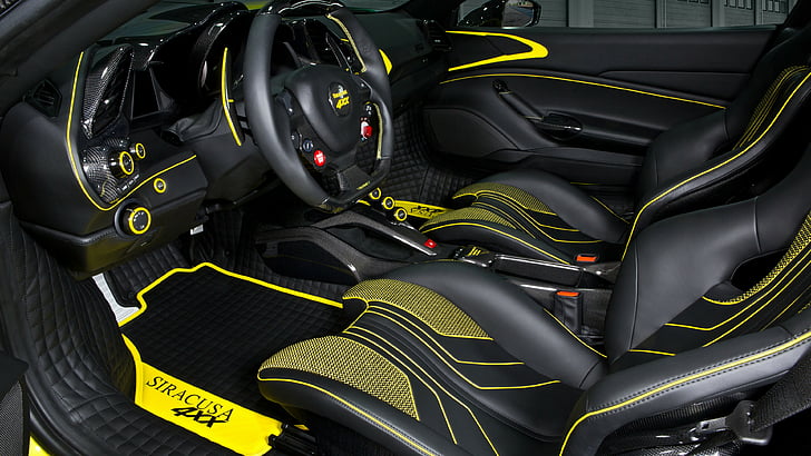 vehicle interior with black and yellow bucket seat and mat, Mansory 4XX Siracusa, Geneva Auto Show 2016, interior, HD wallpaper