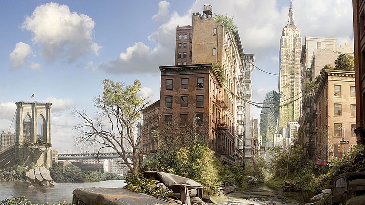 budynek z brązowego betonu, apokaliptyczny, Nowy Jork, futurystyczny, ruina, wrak, opuszczony, Tapety HD