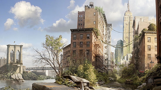 кафява бетонна сграда, апокалиптична, Ню Йорк, футуристична, руина, останки, изоставена, HD тапет HD wallpaper