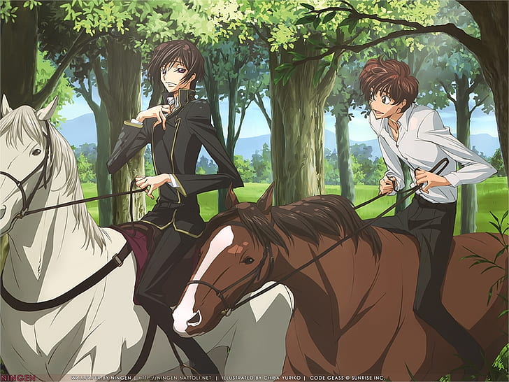 code geass kururugi suzaku lamperouge lelouch horseback riding 1024x768  Anime Code Geass HD Art , Code Geass, Kururugi Suzaku, HD wallpaper